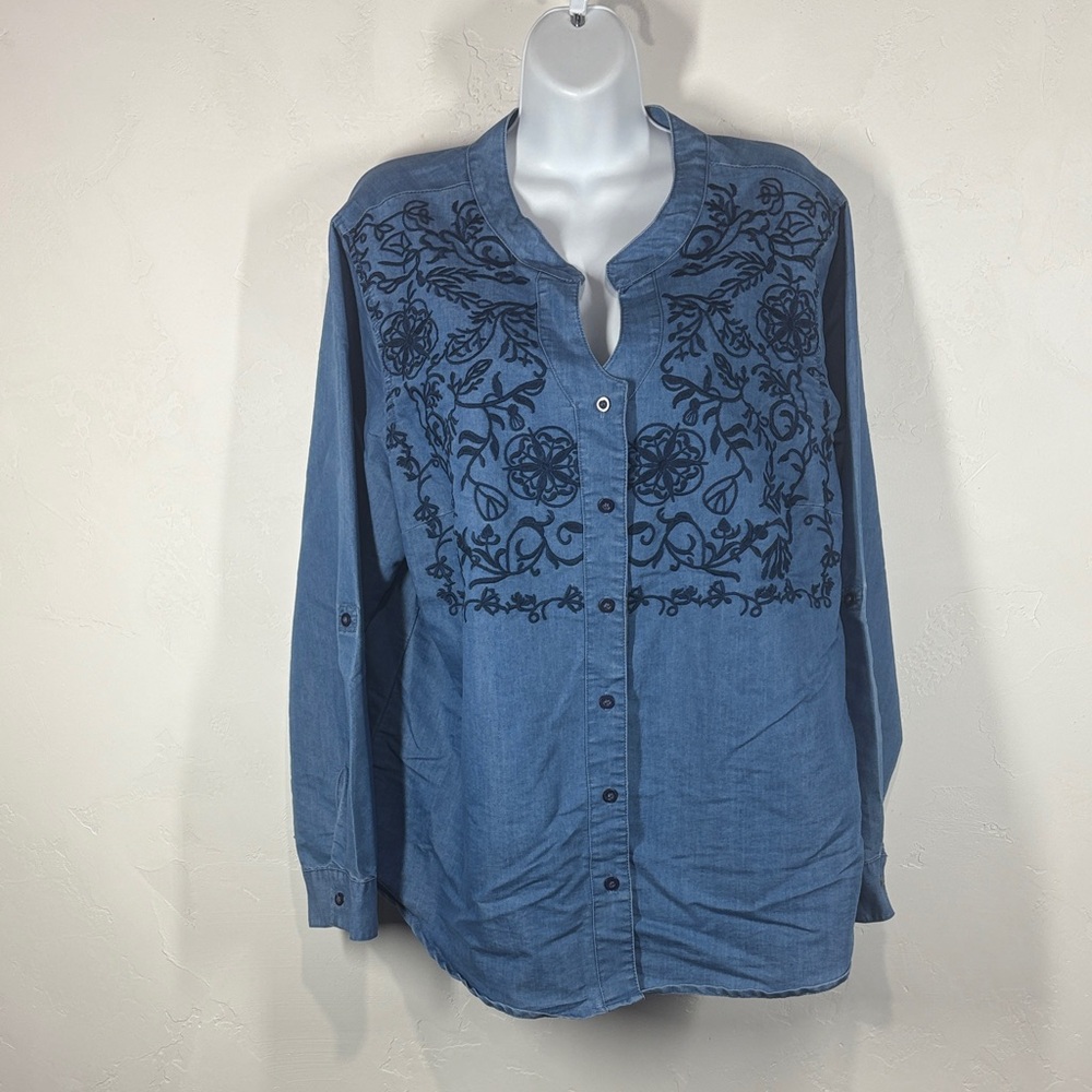 Country Store Embroidered Denim Button-Up Shirt size 1X